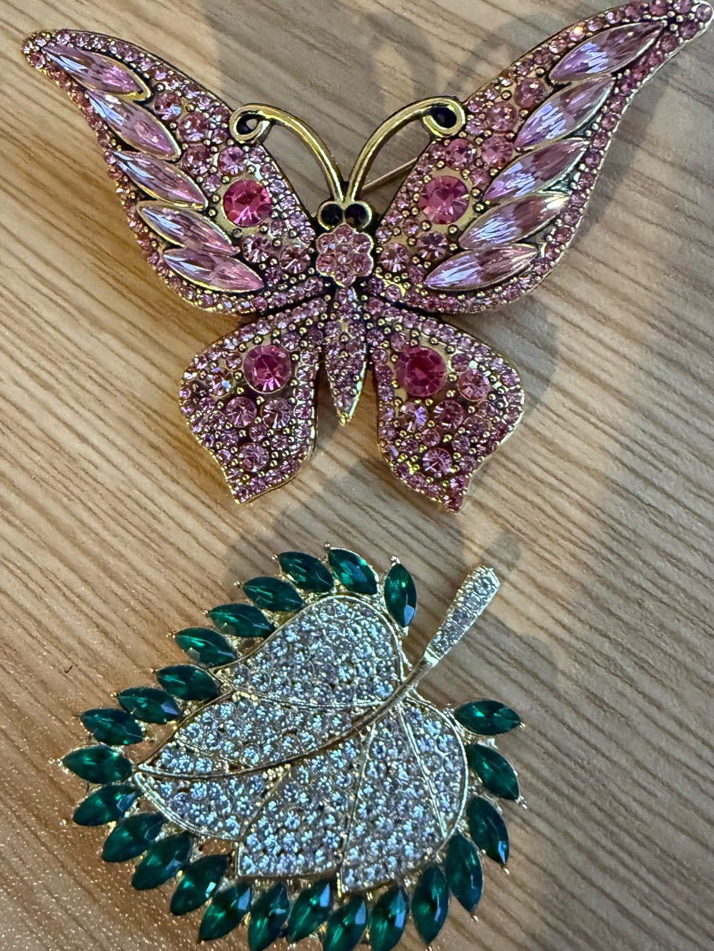 Pink Crystal Butterfly Brooch  and Leaf  Rhinestones